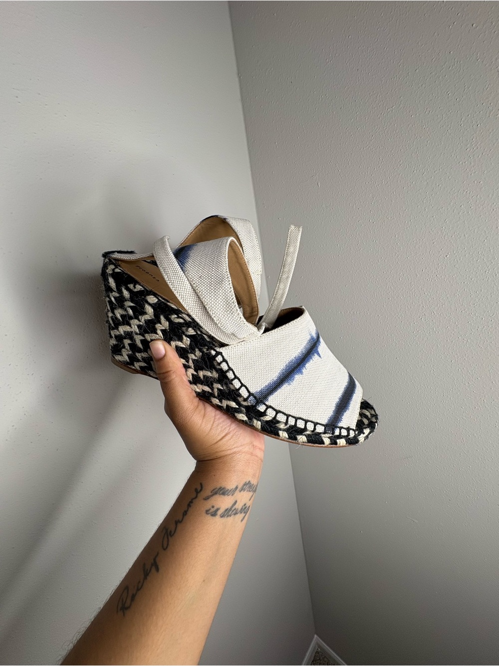 Proenza Schouler White Canvas Wedge Sandal with Blue Accent